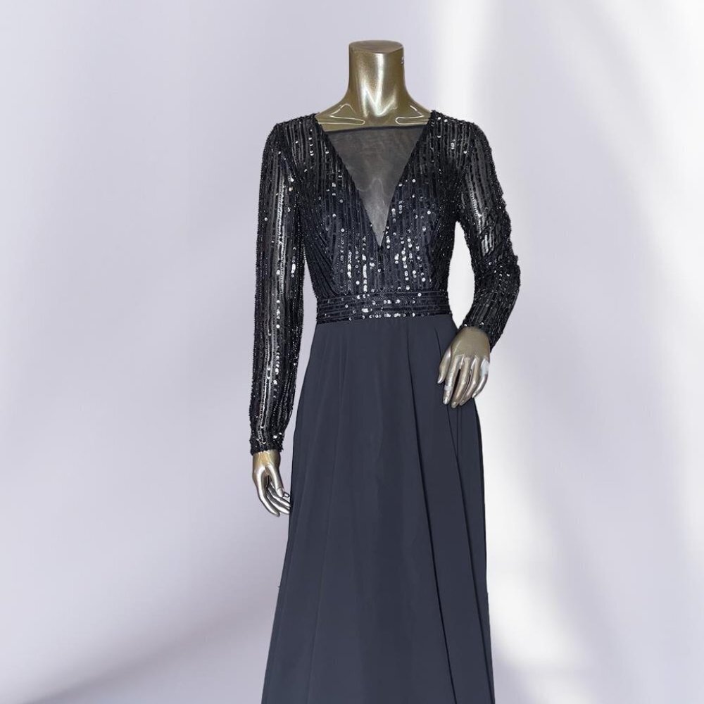 NEW A-LINE CHIFFON SATIN DRESS WITH V-NECKLINE EMBROIDERED WITH SEQUINS AC 7036